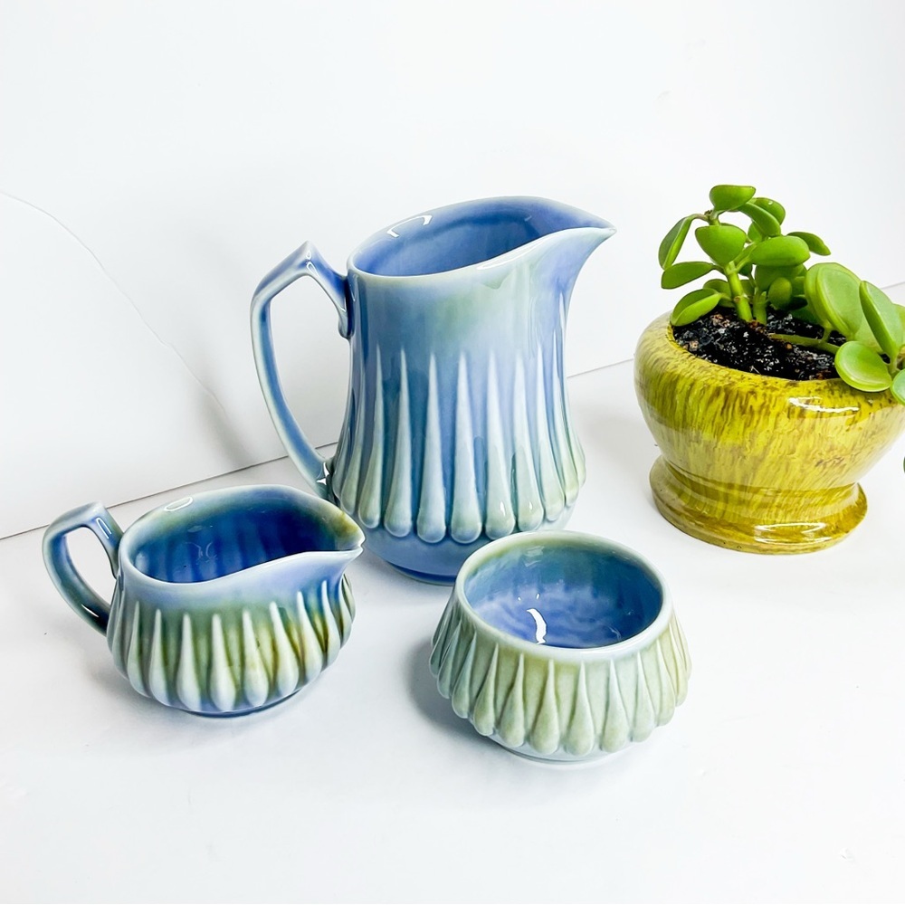 VINTAGE Irish Ceramic Pottery Tea Set – Blue & Green Glaze with Creamer & Sugar